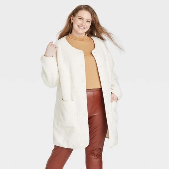 Av & Viv Sherpa Overcoat Jacket Knee Length Coat Plus Size Jacket Cream - Picture 1 of 7